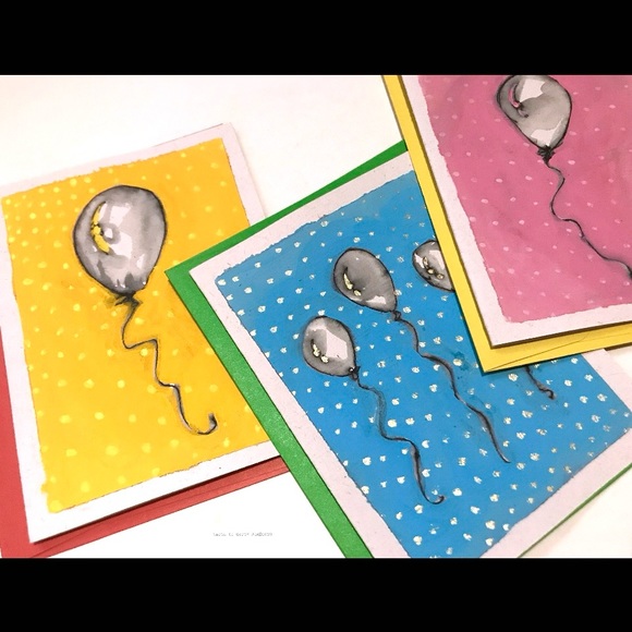Painted Balloon Card Set of 3. Blank Inside. Pen, Ink, Paint. Any Occasion Cards - Picture 4 of 5